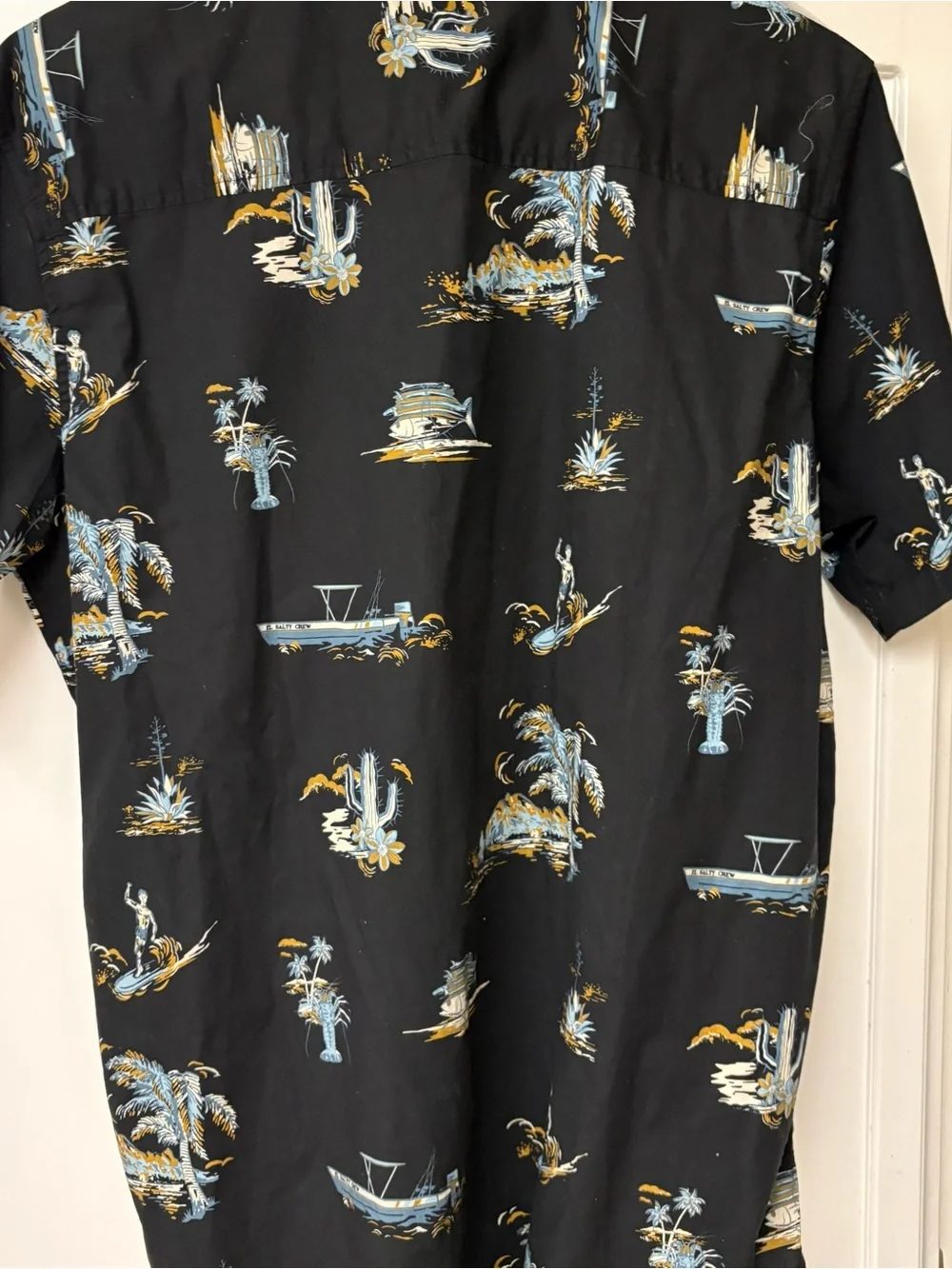 Salty Crew Black Short-Sleeve Button-Up Shirt with Blue & Gold Tropical Print